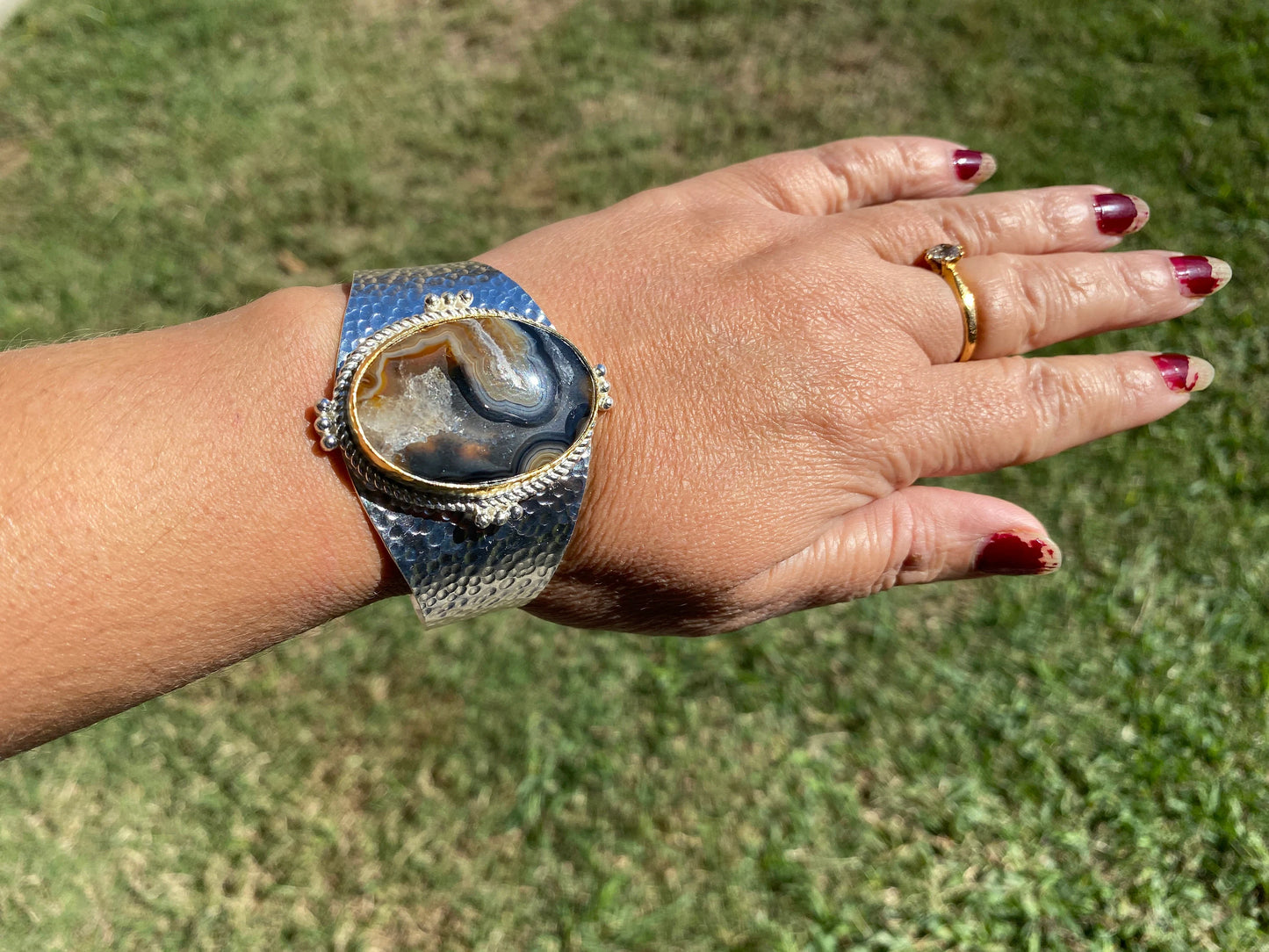 Adjustable Lace Agate Natural Stone Wide Band Cuff,  Brushed Gold with Silver Overlay, Hammered Bracelet, Wide Cuff, Handcrafted Jewelry