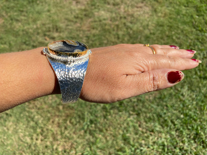 Adjustable Lace Agate Natural Stone Wide Band Cuff,  Brushed Gold with Silver Overlay, Hammered Bracelet, Wide Cuff, Handcrafted Jewelry