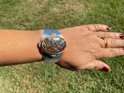 Adjustable Lace Agate Natural Stone Wide Band Cuff,  Brushed Gold with Silver Overlay, Hammered Bracelet, Wide Cuff, Handcrafted Jewelry