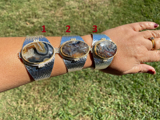 Adjustable Lace Agate Natural Stone Wide Band Cuff,  Brushed Gold with Silver Overlay, Hammered Bracelet, Wide Cuff, Handcrafted Jewelry