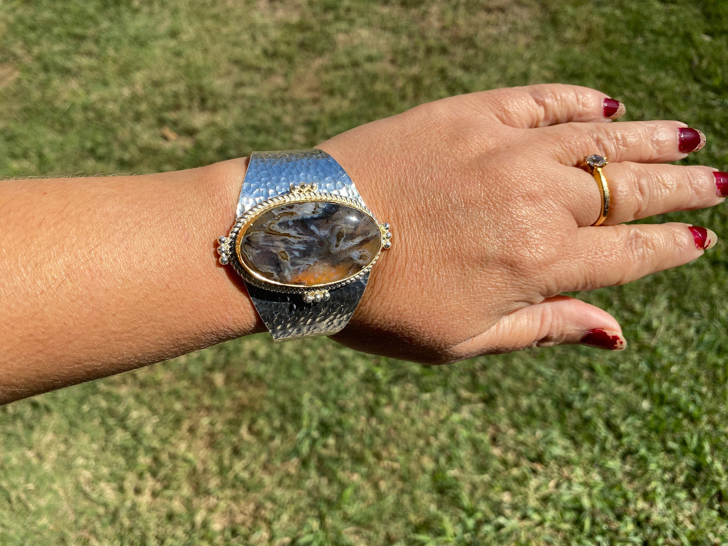 Adjustable Lace Agate Natural Stone Wide Band Cuff,  Brushed Gold with Silver Overlay, Hammered Bracelet, Wide Cuff, Handcrafted Jewelry