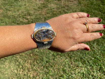 Adjustable Lace Agate Natural Stone Wide Band Cuff,  Brushed Gold with Silver Overlay, Hammered Bracelet, Wide Cuff, Handcrafted Jewelry