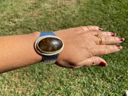 Adjustable Lace Agate Natural Stone Wide Band Cuff,  Brushed Gold with Silver Overlay, Hammered Bracelet, Wide Cuff, Handcrafted Jewelry