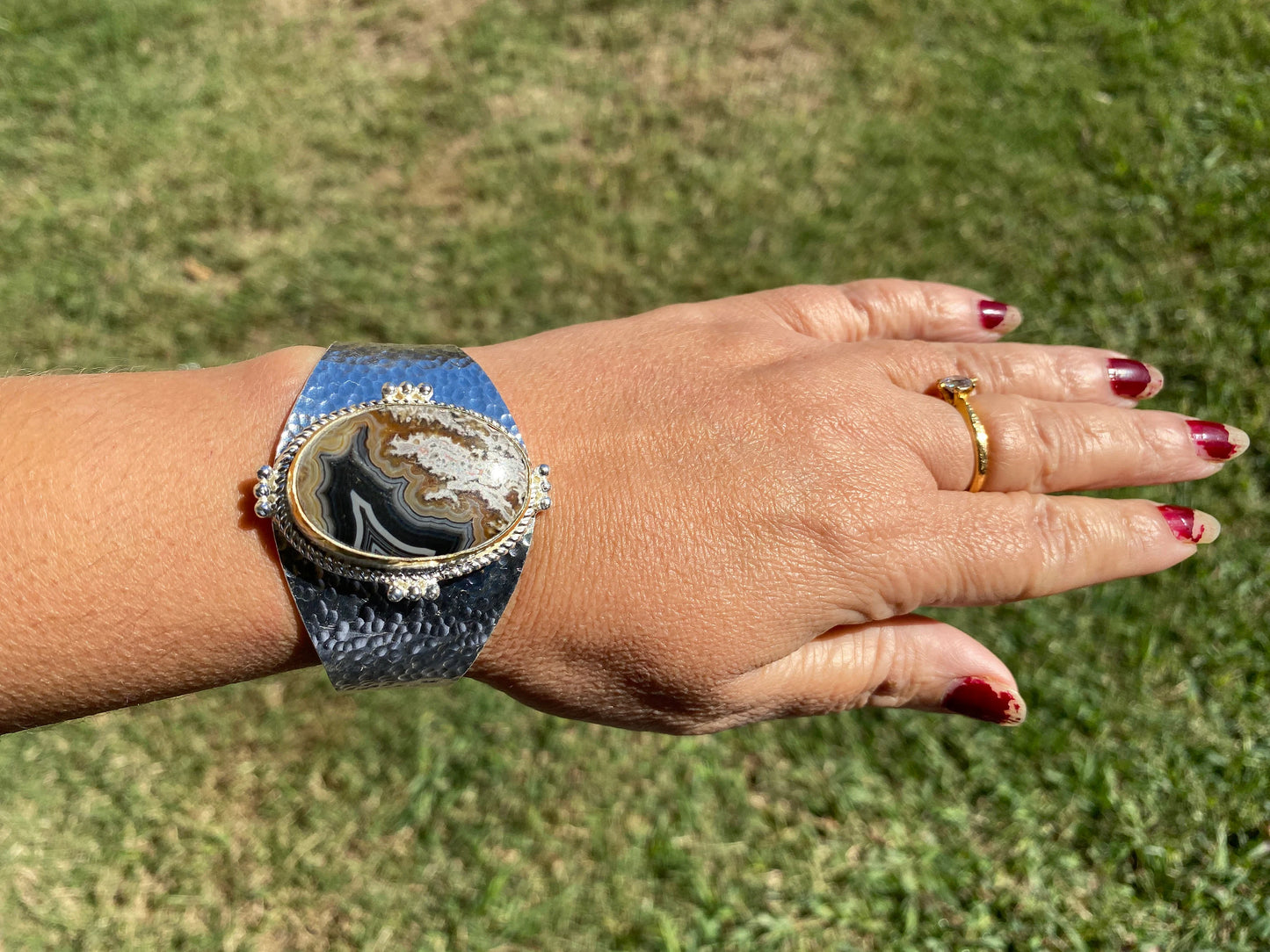 Adjustable Lace Agate Natural Stone Wide Band Cuff,  Brushed Gold with Silver Overlay, Hammered Bracelet, Wide Cuff, Handcrafted Jewelry