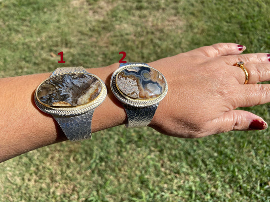 Adjustable Lace Agate Natural Stone Wide Band Cuff,  Brushed Gold with Silver Overlay, Hammered Bracelet, Wide Cuff, Handcrafted Jewelry