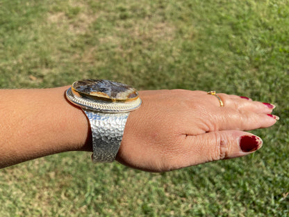 Adjustable Lace Agate Natural Stone Wide Band Cuff,  Brushed Gold with Silver Overlay, Hammered Bracelet, Wide Cuff, Handcrafted Jewelry