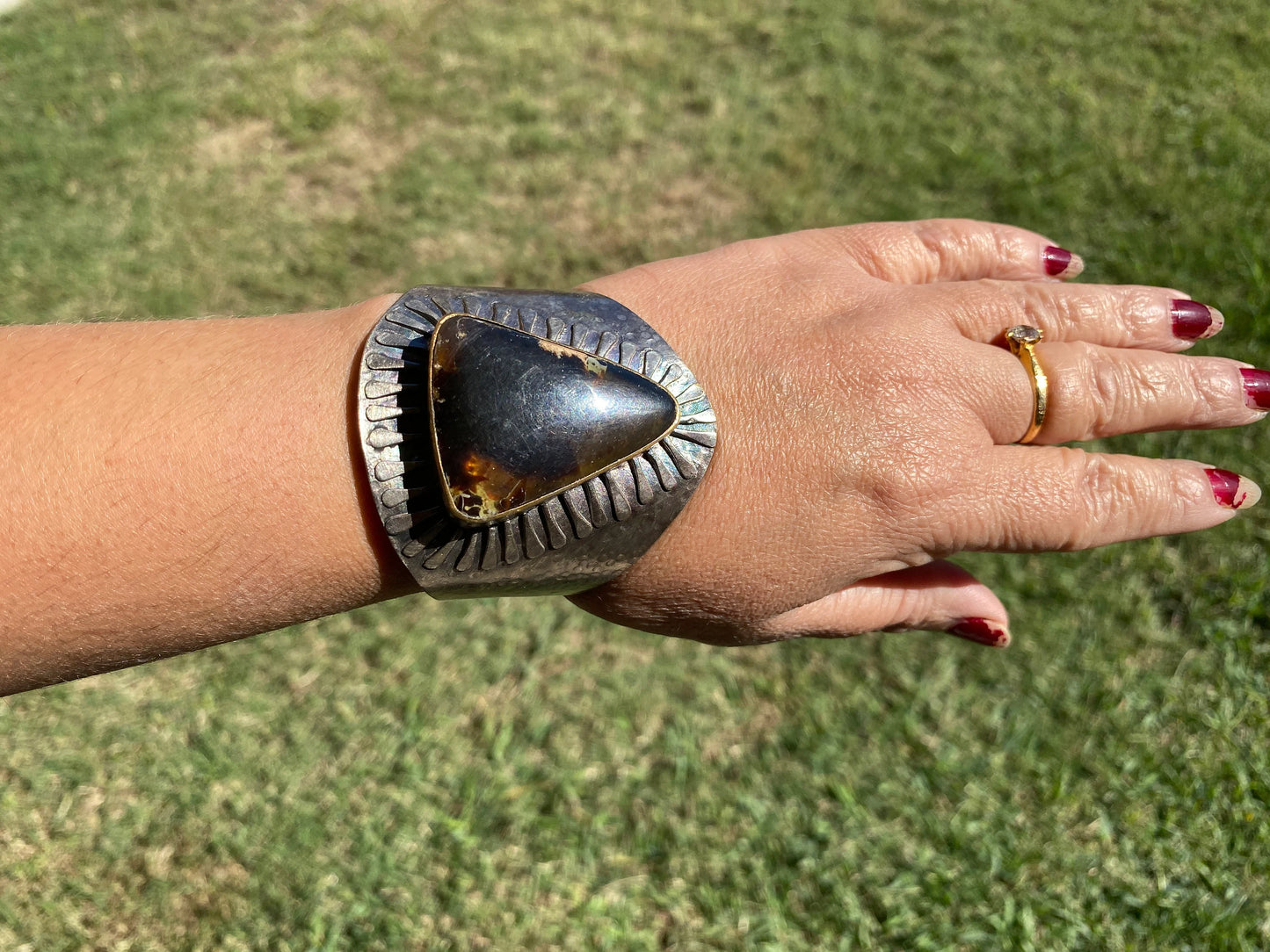 Adjustable Large Amber Antique Silver Looks Wide Band Cuff, Hammered Cuff, Oxidize Silver Overlay Jewelry, Exquisite Cuff, Statement Jewelry