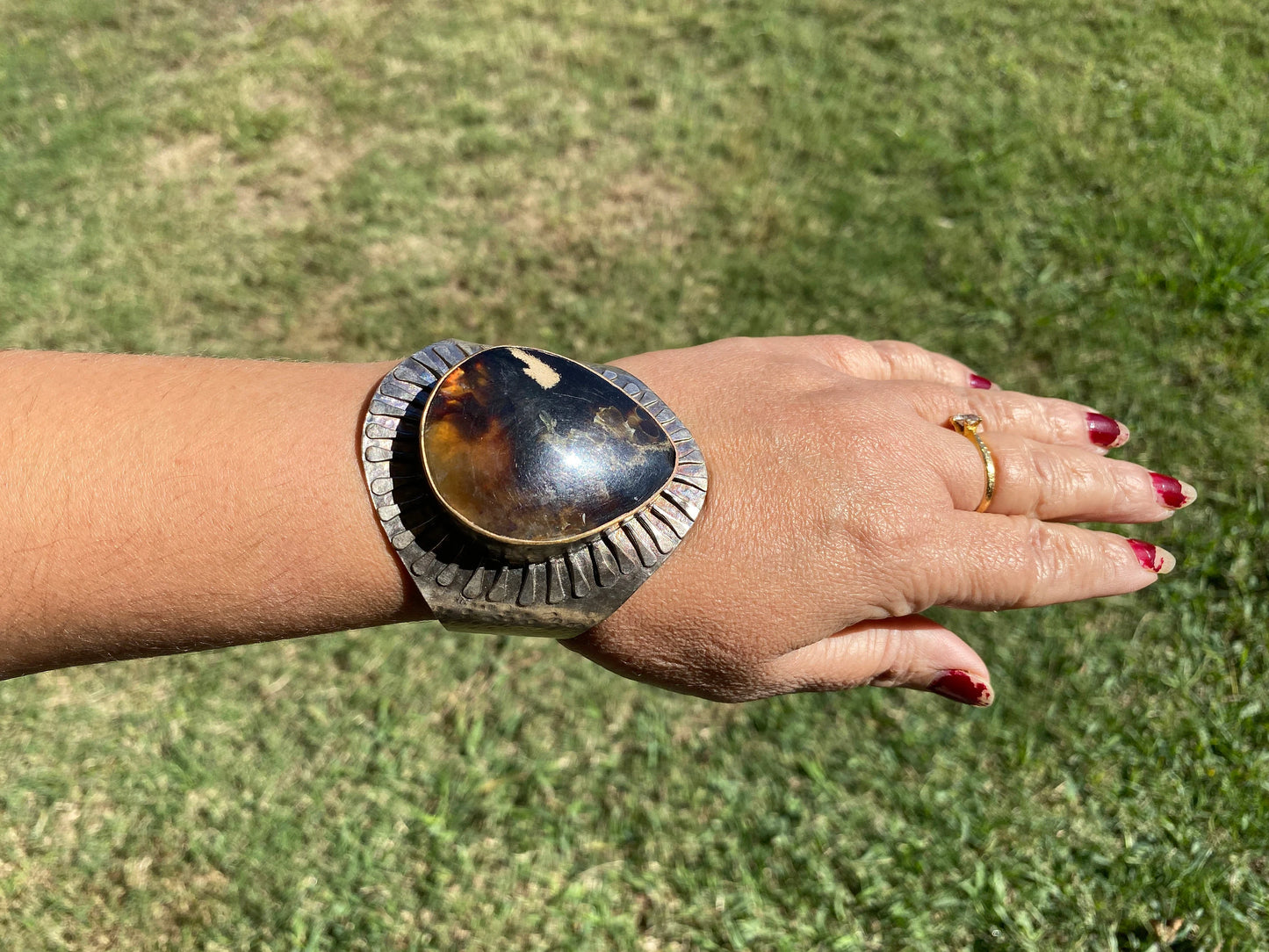 Adjustable Large Amber Antique Silver Looks Wide Band Cuff, Hammered Cuff, Oxidize Silver Overlay Jewelry, Exquisite Cuff, Statement Jewelry