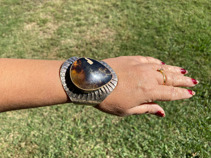 Adjustable Large Amber Antique Silver Looks Wide Band Cuff, Hammered Cuff, Oxidize Silver Overlay Jewelry, Exquisite Cuff, Statement Jewelry