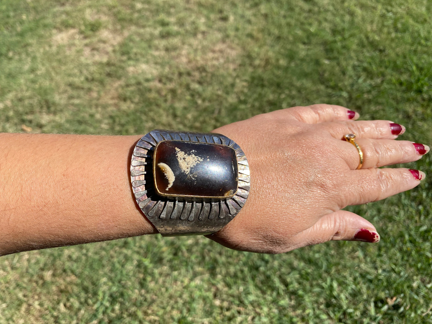 Adjustable Large Amber Antique Silver Looks Wide Band Cuff, Hammered Cuff, Oxidize Silver Overlay Jewelry, Exquisite Cuff, Statement Jewelry