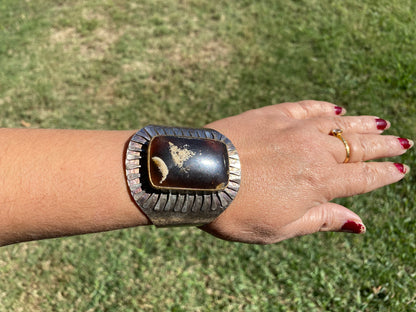 Adjustable Large Amber Antique Silver Looks Wide Band Cuff, Hammered Cuff, Oxidize Silver Overlay Jewelry, Exquisite Cuff, Statement Jewelry