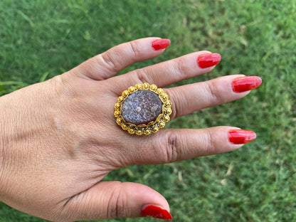 Adjustable Large Druzy Ring, High Quality 18K Matte Gold Overlay,Anti Tarnish Finish, Natural Stone Ring, One of a Kind Ring, Statement Ring