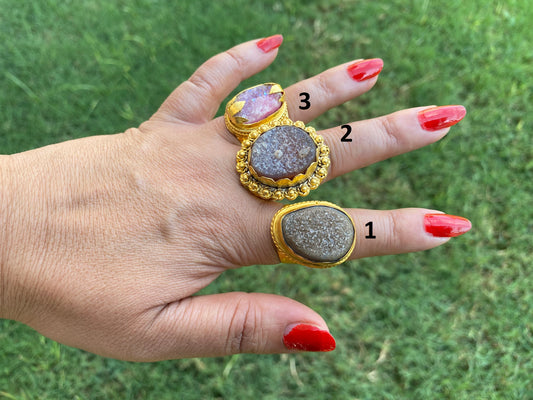Adjustable Large Druzy Ring, High Quality 18K Matte Gold Overlay,Anti Tarnish Finish, Natural Stone Ring, One of a Kind Ring, Statement Ring