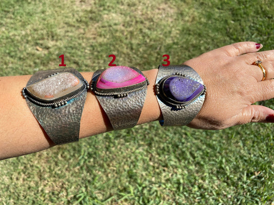 Adjustable Large Druzy Stone Antique Silver Looks, Wide Band Cuff, Hammered Cuff, Oxidize Silver Overlay Jewelry, Unique Jewelry