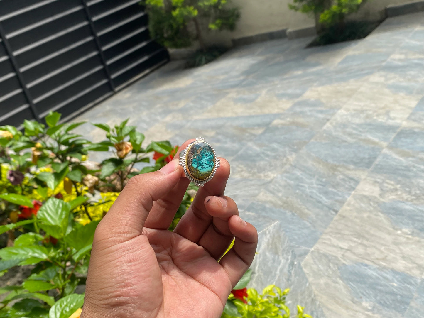 Adjustable Natural Turquoise ring, Handmade Ring, Two Tone Ring, Silver Overlay Ring, Gold Overlay Ring.