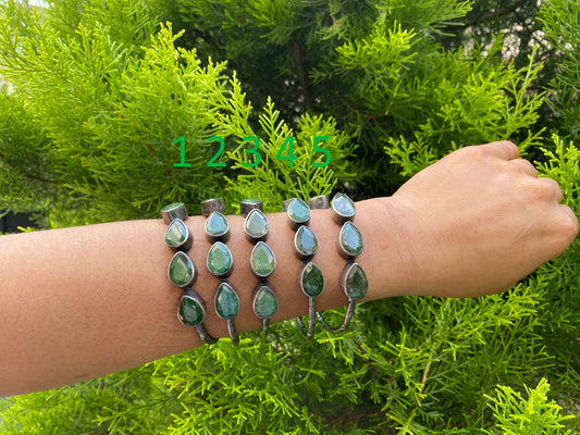 Adjustable Silver Cuff Bracelet | Natural Emerald Gemstone Bangle, Hammered Oxidized Silver Overlay, Unique Handmade Jewelry, Perfect fit