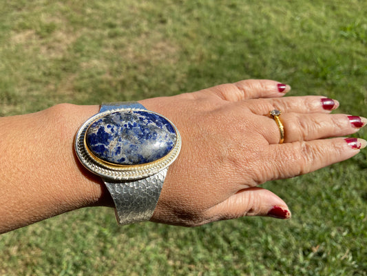 Adjustable Sodalite Natural Stone Wide Band Cuff,  Brushed Gold with Silver Overlay, Hammered Bracelet, Wide Cuff, Handcrafted Jewelry