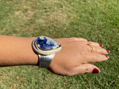 Adjustable Sodalite Natural Stone Wide Band Cuff,  Brushed Gold with Silver Overlay, Hammered Bracelet, Wide Cuff, Handcrafted Jewelry