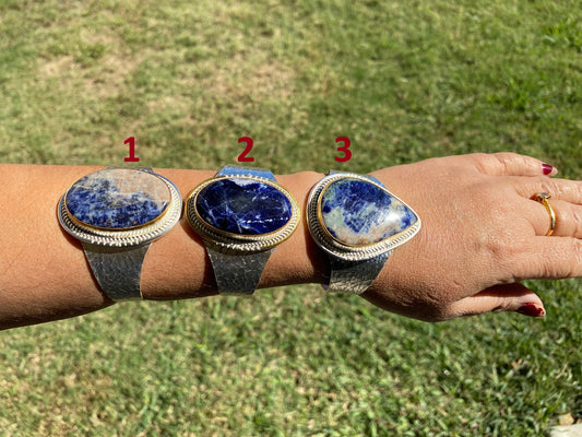 Adjustable Sodalite Natural Stone Wide Band Cuff,  Brushed Gold with Silver Overlay, Hammered Bracelet, Wide Cuff, Handcrafted Jewelry
