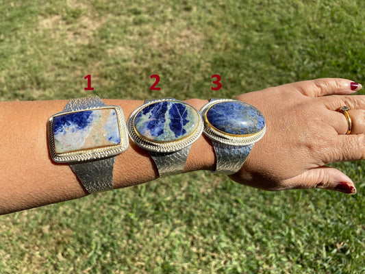 Adjustable Sodalite Natural Stone Wide Band Cuff,  Brushed Gold with Silver Overlay, Hammered Bracelet, Wide Cuff, Handcrafted Jewelry