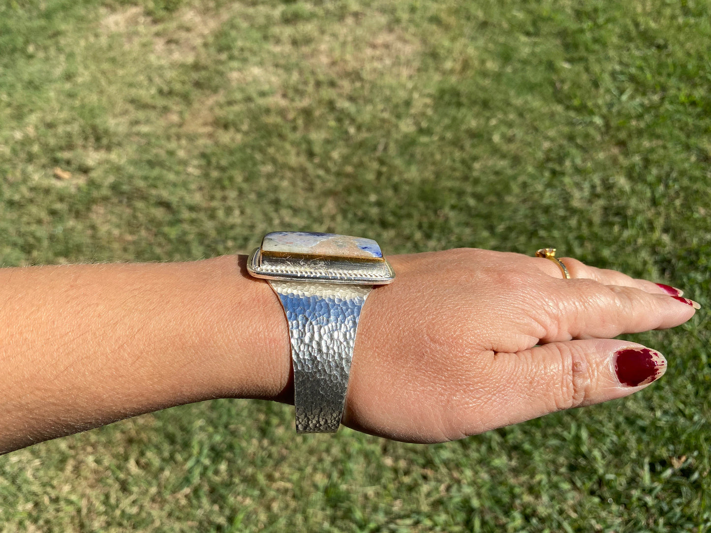Adjustable Sodalite Natural Stone Wide Band Cuff,  Brushed Gold with Silver Overlay, Hammered Bracelet, Wide Cuff, Handcrafted Jewelry