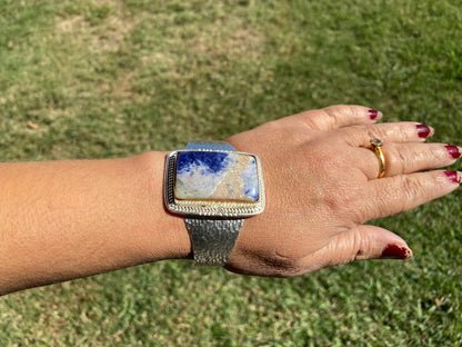 Adjustable Sodalite Natural Stone Wide Band Cuff,  Brushed Gold with Silver Overlay, Hammered Bracelet, Wide Cuff, Handcrafted Jewelry