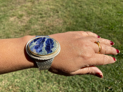Adjustable Sodalite Natural Stone Wide Band Cuff,  Brushed Gold with Silver Overlay, Hammered Bracelet, Wide Cuff, Handcrafted Jewelry