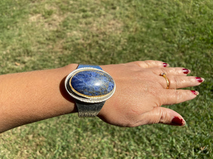 Adjustable Sodalite Natural Stone Wide Band Cuff,  Brushed Gold with Silver Overlay, Hammered Bracelet, Wide Cuff, Handcrafted Jewelry