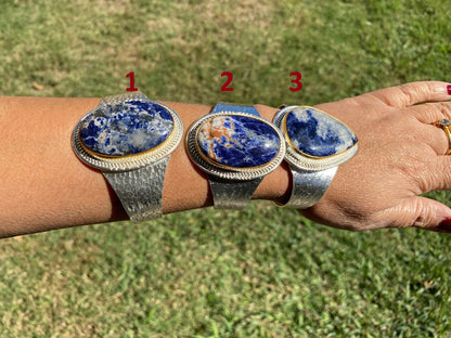 Adjustable Sodalite Natural Stone Wide Band Cuff,  Brushed Gold with Silver Overlay, Hammered Bracelet, Wide Cuff, Handcrafted Jewelry
