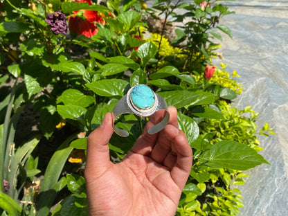 Adjustable Turquoise Natural Stone Wide Band Cuff,  Brushed Gold with Silver Overlay, Hammered Bracelet, Wide Cuff, Handcrafted Jewelry.