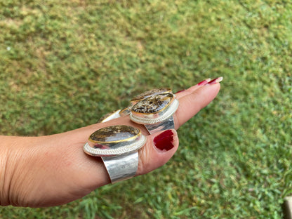 Adjustable Two Tone African Jasper Ring, Gold with Silver Jewelry, Unique Gemstone Ring, Exotic Jewelry, Handcrafted Ring, African Inspired