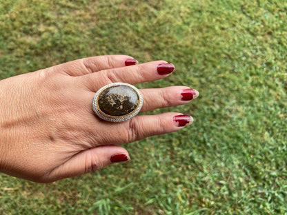 Adjustable Two Tone African Jasper Ring, Gold with Silver Jewelry, Unique Gemstone Ring, Exotic Jewelry, Handcrafted Ring, African Inspired