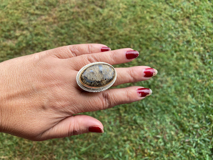 Adjustable Two Tone African Jasper Ring, Gold with Silver Jewelry, Unique Gemstone Ring, Exotic Jewelry, Handcrafted Ring, African Inspired