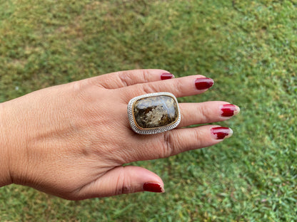 Adjustable Two Tone African Jasper Ring, Gold with Silver Jewelry, Unique Gemstone Ring, Exotic Jewelry, Handcrafted Ring, African Inspired