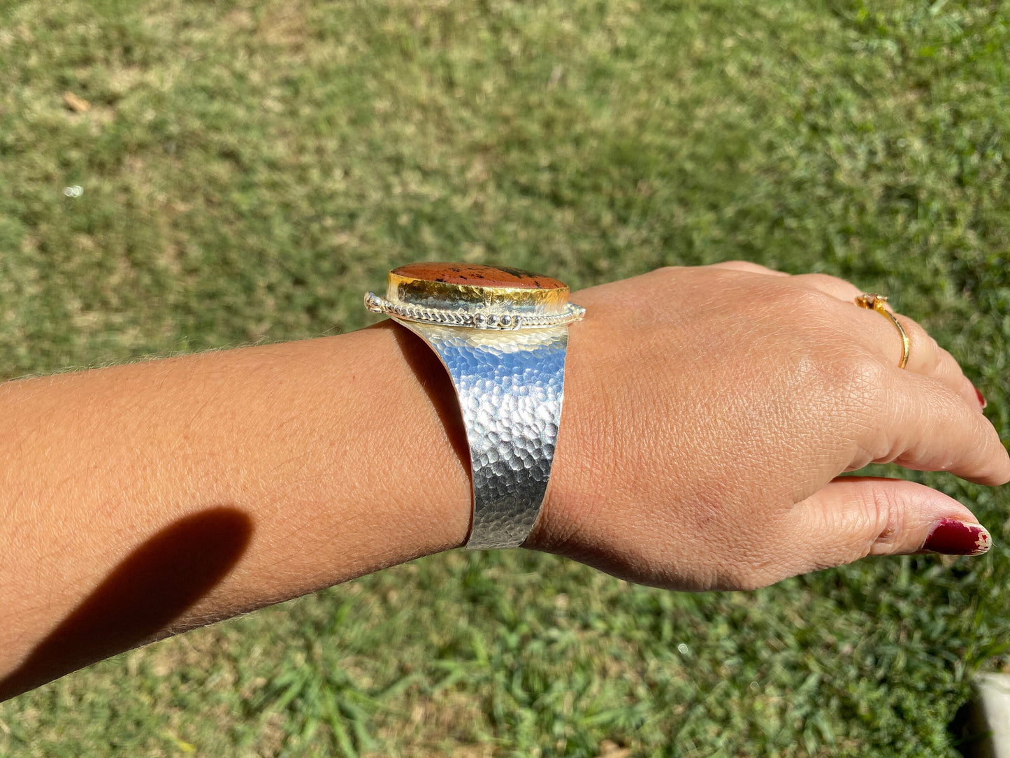 Adjustable Two Tone Cuff Bracelet, Jasper Natural Stone, Brushed Gold with Silver Overlay, Hammered Bracelet, Wide Cuff, Handcrafted Jewelry