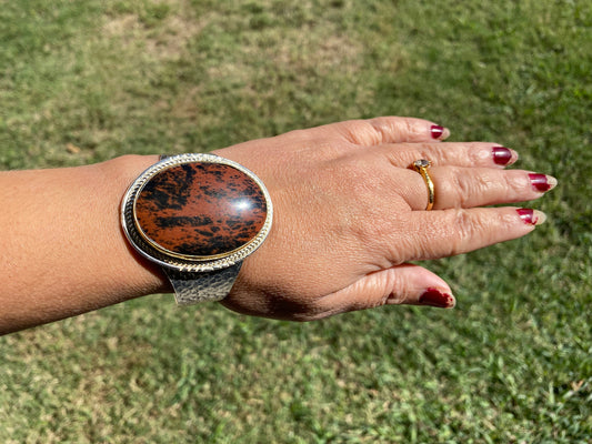 Adjustable Two Tone Cuff Bracelet, Jasper Natural Stone, Brushed Gold with Silver Overlay, Hammered Bracelet, Wide Cuff, Handcrafted Jewelry