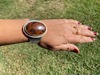 Adjustable Two Tone Cuff Bracelet, Jasper Natural Stone, Brushed Gold with Silver Overlay, Hammered Bracelet, Wide Cuff, Handcrafted Jewelry