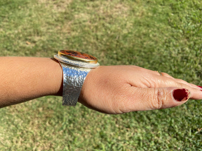 Adjustable Two Tone Cuff Bracelet, Jasper Natural Stone, Brushed Gold with Silver Overlay, Hammered Bracelet, Wide Cuff, Handcrafted Jewelry