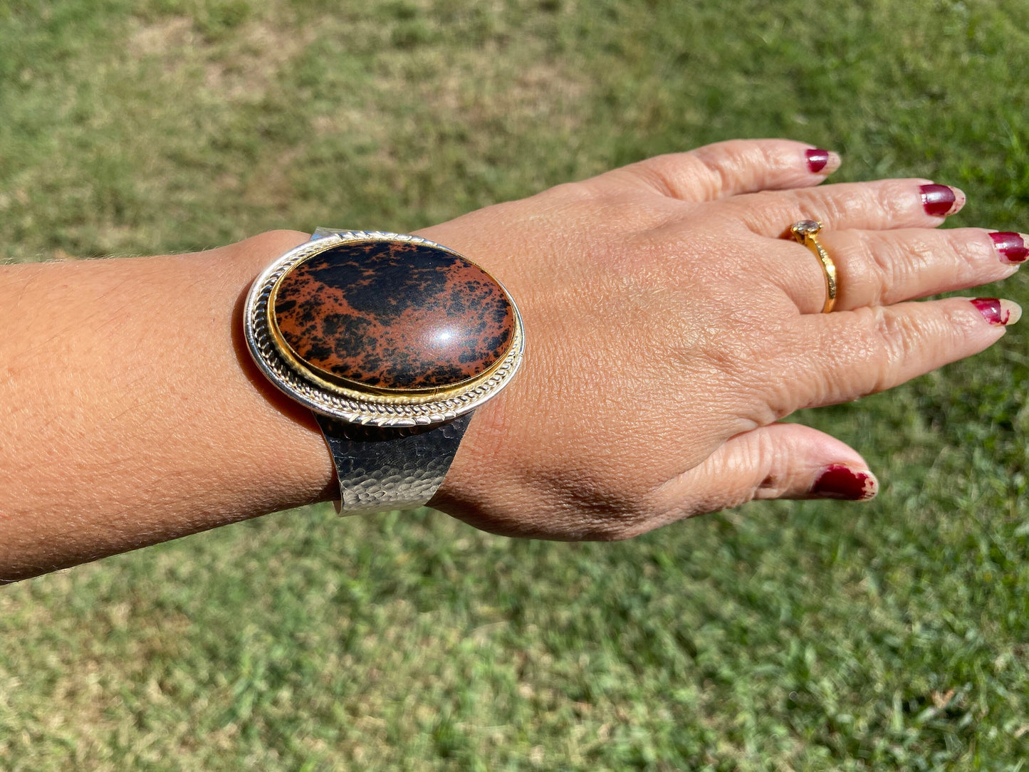 Adjustable Two Tone Cuff Bracelet, Jasper Natural Stone, Brushed Gold with Silver Overlay, Hammered Bracelet, Wide Cuff, Handcrafted Jewelry