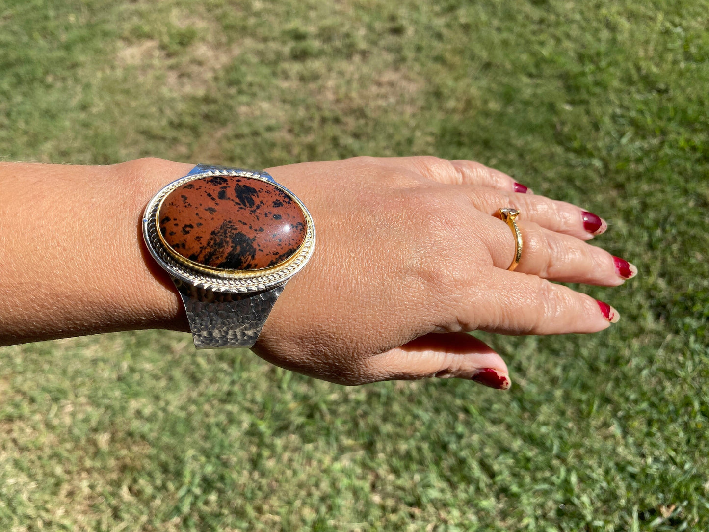 Adjustable Two Tone Cuff Bracelet, Jasper Natural Stone, Brushed Gold with Silver Overlay, Hammered Bracelet, Wide Cuff, Handcrafted Jewelry