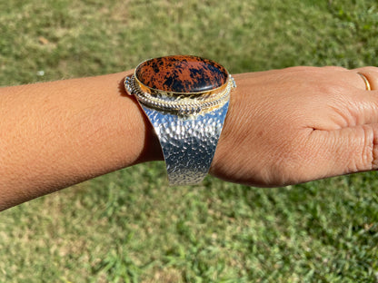 Adjustable Two Tone Cuff Bracelet, Jasper Natural Stone, Brushed Gold with Silver Overlay, Hammered Bracelet, Wide Cuff, Handcrafted Jewelry