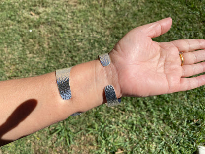 Adjustable Two Tone Cuff Bracelet, Jasper Natural Stone, Brushed Gold with Silver Overlay, Hammered Bracelet, Wide Cuff, Handcrafted Jewelry
