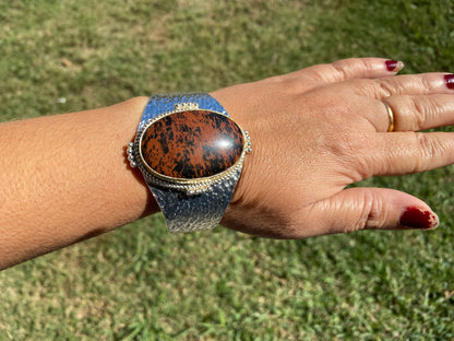 Adjustable Two Tone Cuff Bracelet, Jasper Natural Stone, Brushed Gold with Silver Overlay, Hammered Bracelet, Wide Cuff, Handcrafted Jewelry