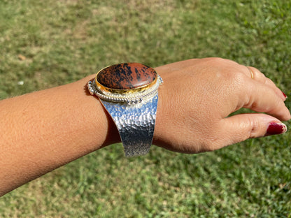 Adjustable Two Tone Cuff Bracelet, Jasper Natural Stone, Brushed Gold with Silver Overlay, Hammered Bracelet, Wide Cuff, Handcrafted Jewelry