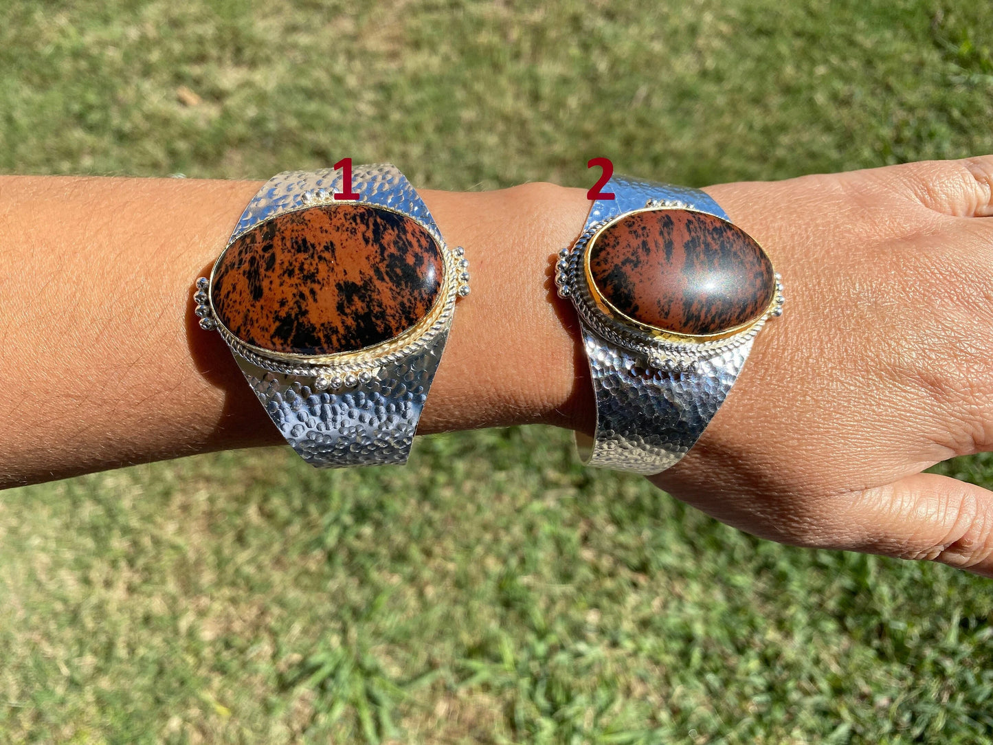 Adjustable Two Tone Cuff Bracelet, Jasper Natural Stone, Brushed Gold with Silver Overlay, Hammered Bracelet, Wide Cuff, Handcrafted Jewelry
