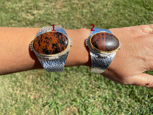 Adjustable Two Tone Cuff Bracelet, Jasper Natural Stone, Brushed Gold with Silver Overlay, Hammered Bracelet, Wide Cuff, Handcrafted Jewelry