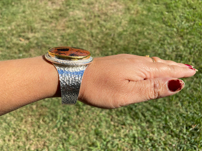 Adjustable Two Tone Cuff Bracelet, Jasper Natural Stone, Brushed Gold with Silver Overlay, Hammered Bracelet, Wide Cuff, Handcrafted Jewelry