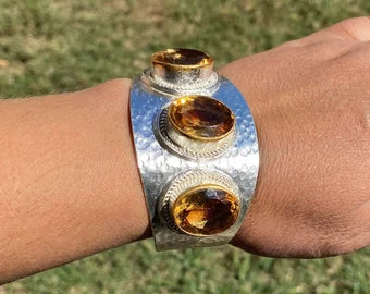 Adjustable Two Tone Cuff Citrine Gemstone, Multi Stone Cuff, Gold with Silver Overlay, Hammered Cuff Bracelet, Wide Cuff, Statement Jewelry