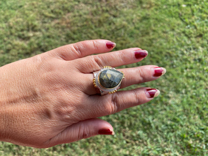 Adjustable Two Tone Ring, Labradorite Gemstone, Gold with Silver Overlay Ring, Statement Ring, Luxury Jewelry, Hammered Ring, Natural Stone