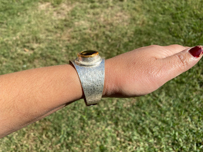 Adjustable Two Tone Cuff Citrine Gemstone, Multi Stone Cuff, Gold with Silver Overlay, Hammered Cuff Bracelet, Wide Cuff, Statement Jewelry